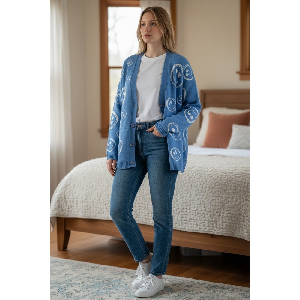 ASOS DESIGN Smiley Face Cardigan Women US 8 Blue Heart Eye Oversized Kidcore